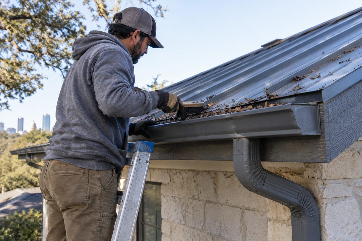 A roofer clearing leaves from a metal roof edge and gutter